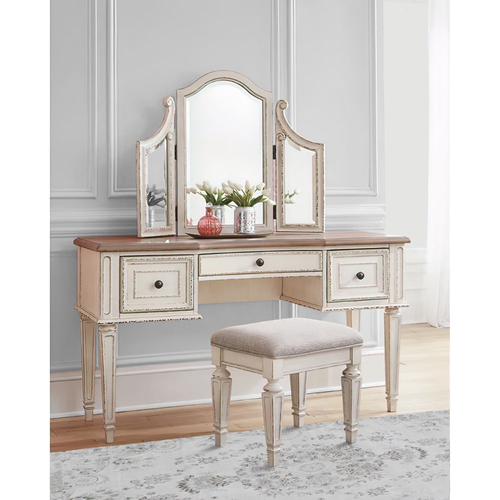 Benjara Antiqued Wooden Mirror Stool Set with Square Tapered Legs in White  and Brown