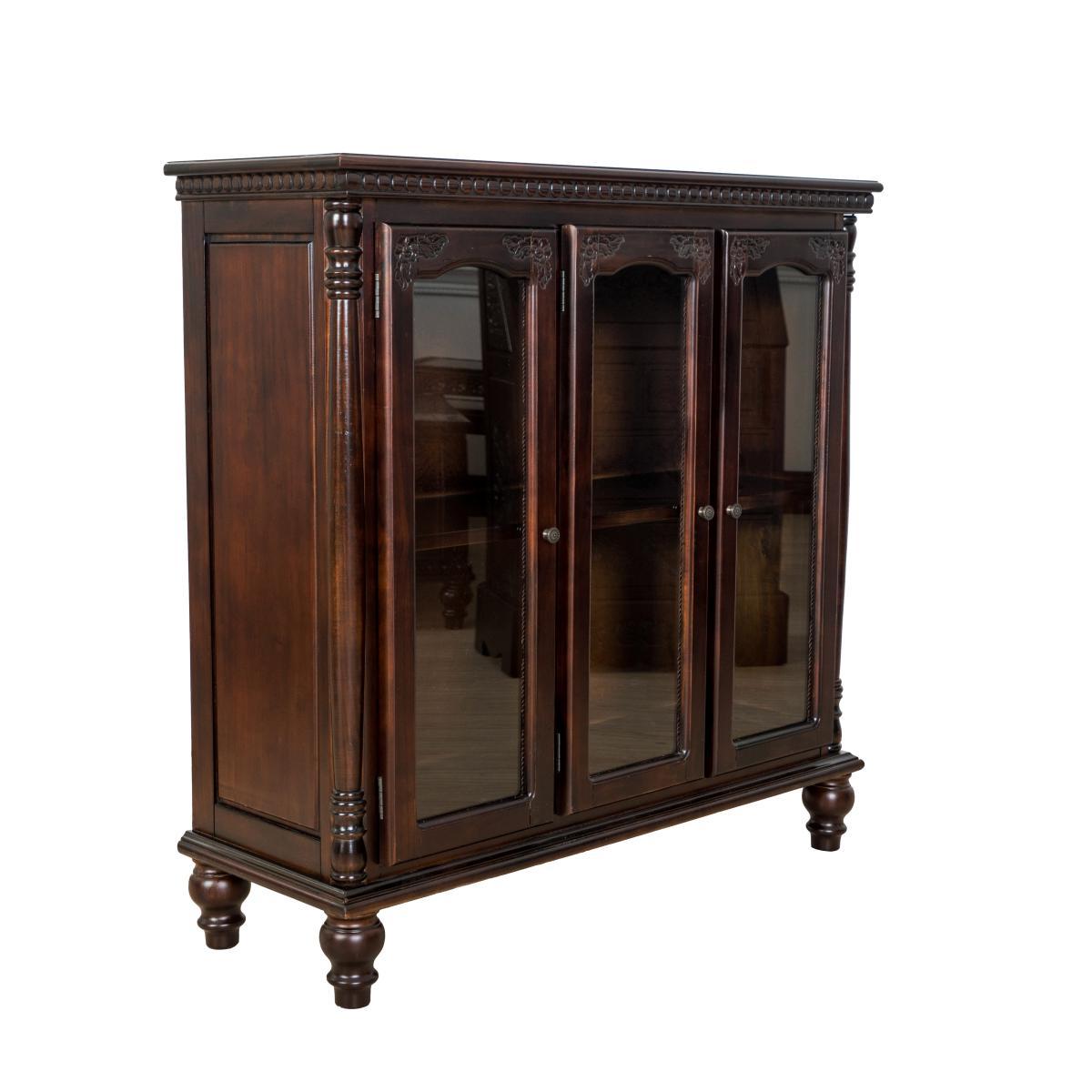 Traditional Wood and Glass Accent Cabinet with Carved Details, Brown - BM213463
