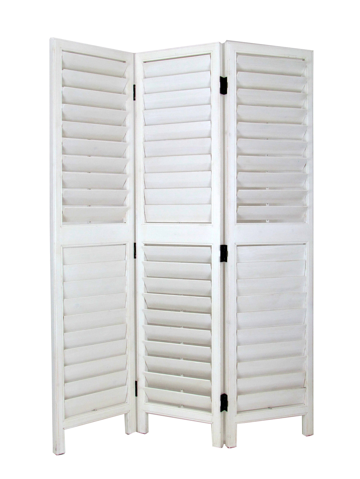 Wooden 3 Panel Room Divider with Slatted Design, White - BM213480