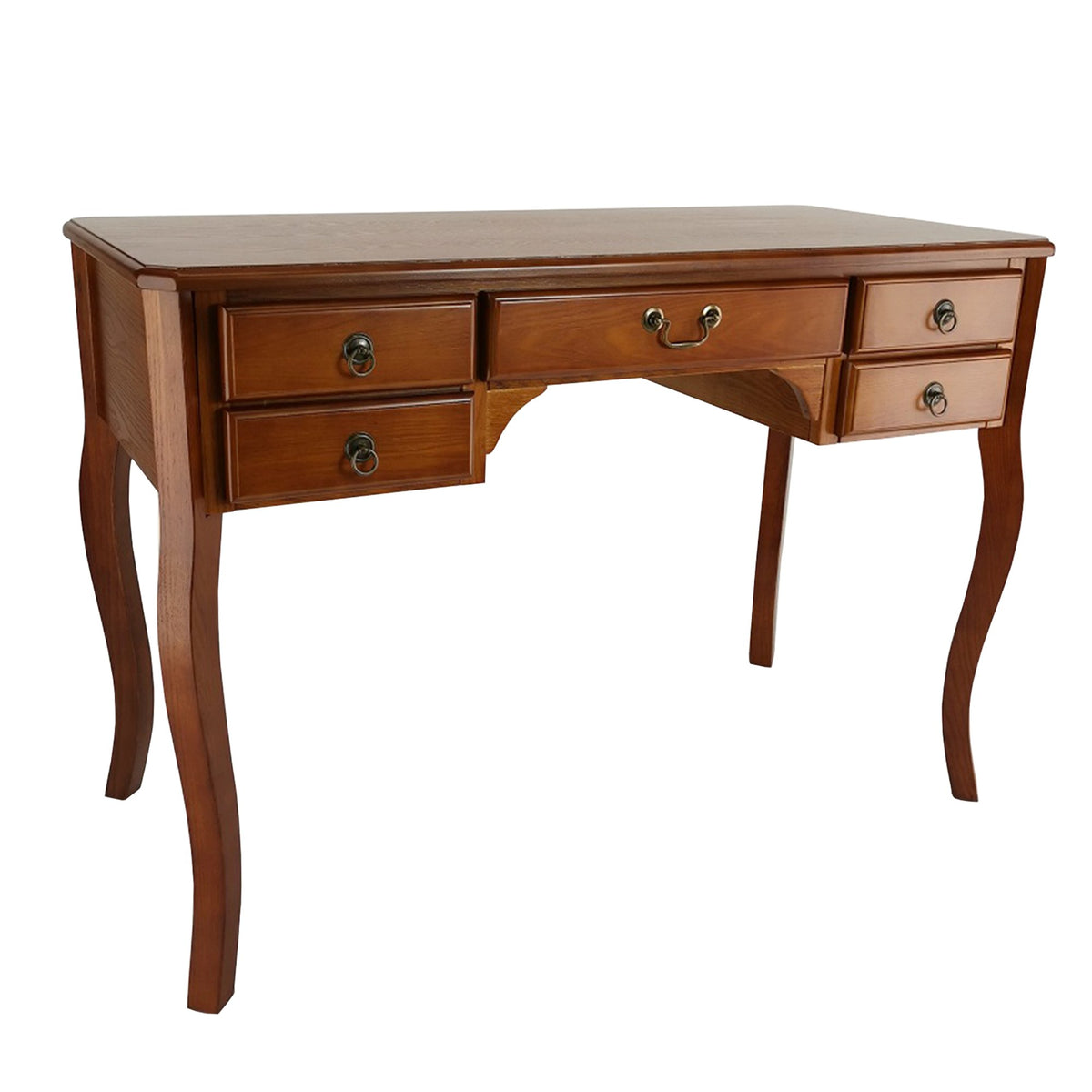 Wooden Writing Desk with Cabriole Legs and 5 Drawers, Brown - BM213488