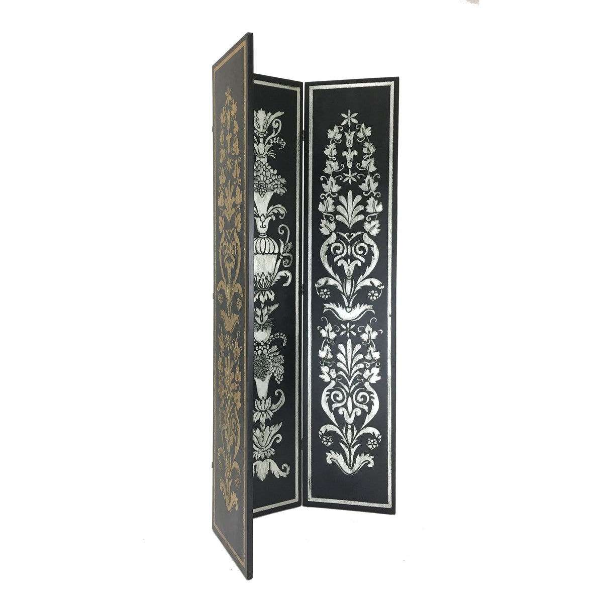 Wooden Double Sided 3 Panel Room Divider with Motifs, Multicolor - BM213494