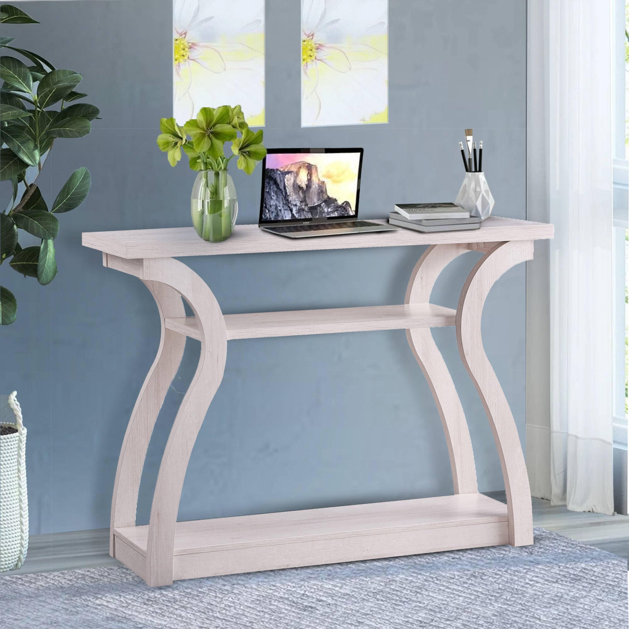 benzara Rectangular Top Wooden Frame Console Table with 2 Bottom Shelves Off White - BM214730