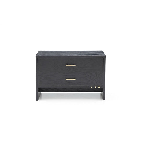 2 Drawer Wooden Nightstand with Brass Handles and Accents, Gray - BM214755