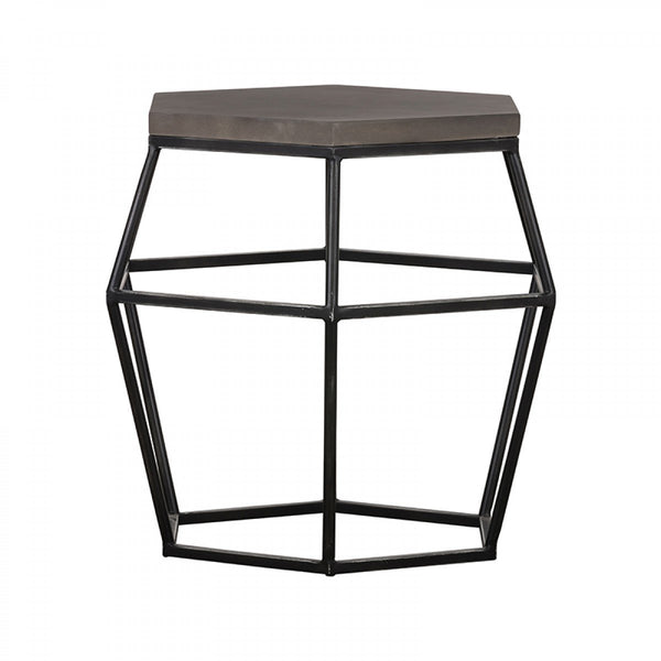 Hexagonal Concrete End Table with Metal Base, Gray and Black - BM214837