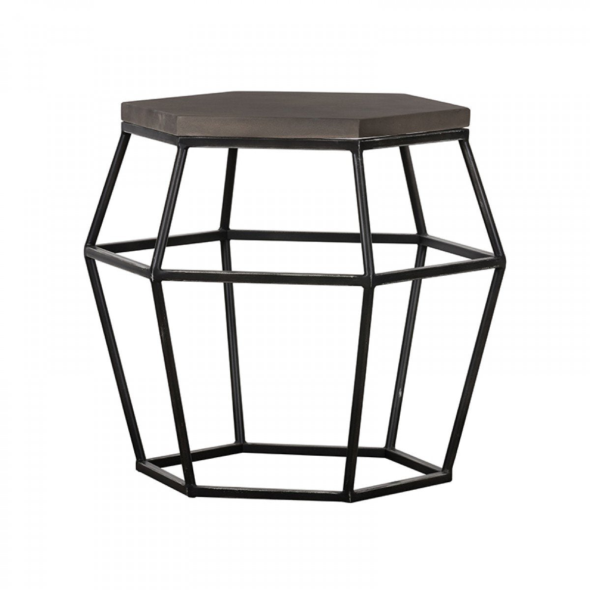 Hexagonal Concrete End Table with Metal Base, Gray and Black - BM214837