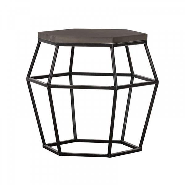 Hexagonal Concrete End Table with Metal Base, Gray and Black - BM214837