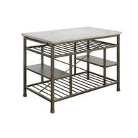 Marble Top Metal Kitchen Island with 2 Slated Shelves, Gray and White - BM214991