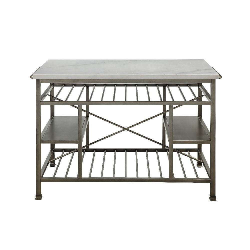 Marble Top Metal Kitchen Island with 2 Slated Shelves, Gray and White - BM214991