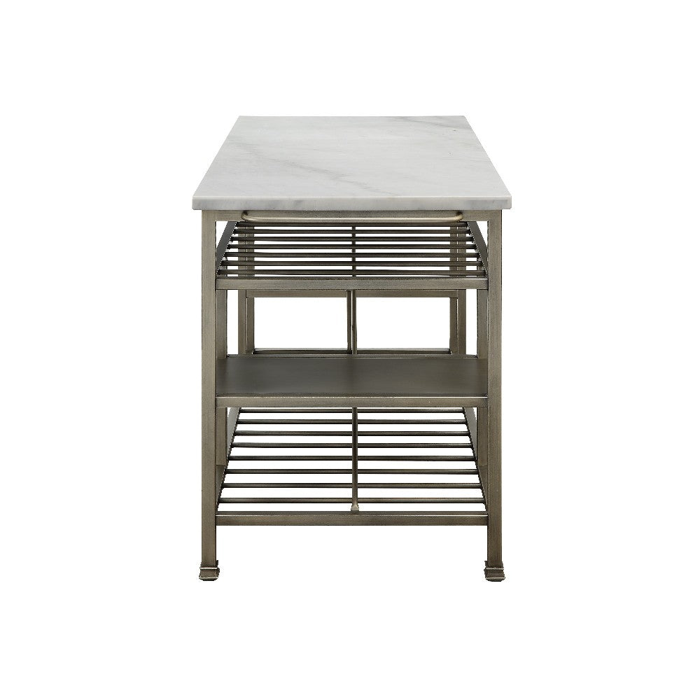 Marble Top Metal Kitchen Island with 2 Slated Shelves, Gray and White - BM214991