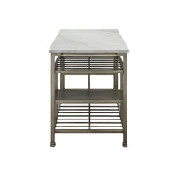 Marble Top Metal Kitchen Island with 2 Slated Shelves, Gray and White - BM214991