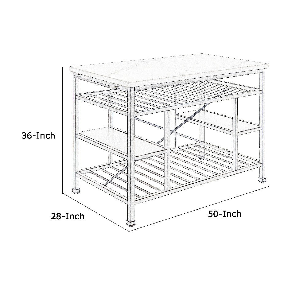 Marble Top Metal Kitchen Island with 2 Slated Shelves, Gray and White - BM214991