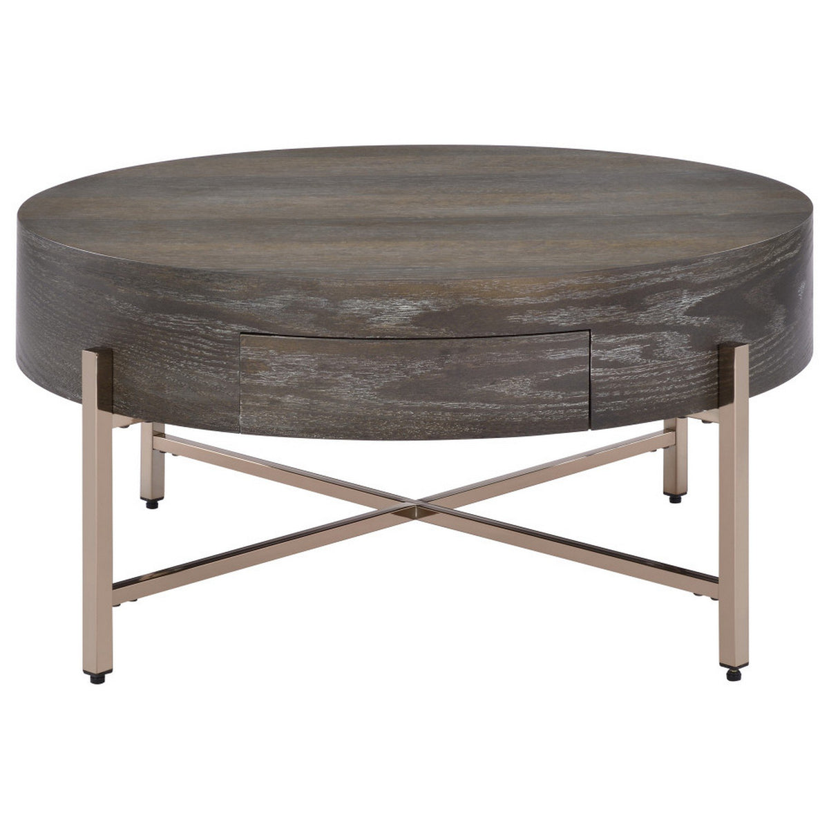 1 Drawer Round Modern Coffee Table with Crossed Metal Legs, Brown and Gold - BM215037
