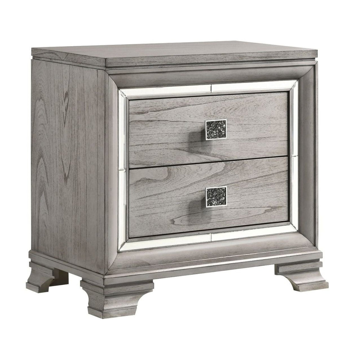 2 Drawer Nightstand with Mirror Accent and Bracket Feet, Light Gray - BM215293