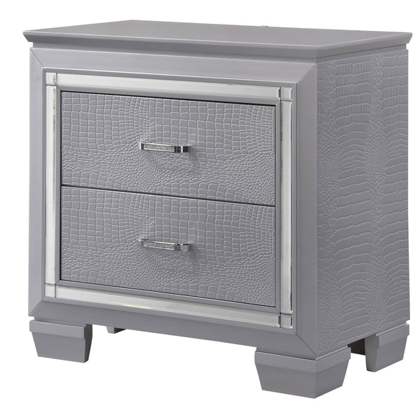 Two Drawer Wooden Nightstand with Textured Details and Mirror Accents, Gray - BM215374