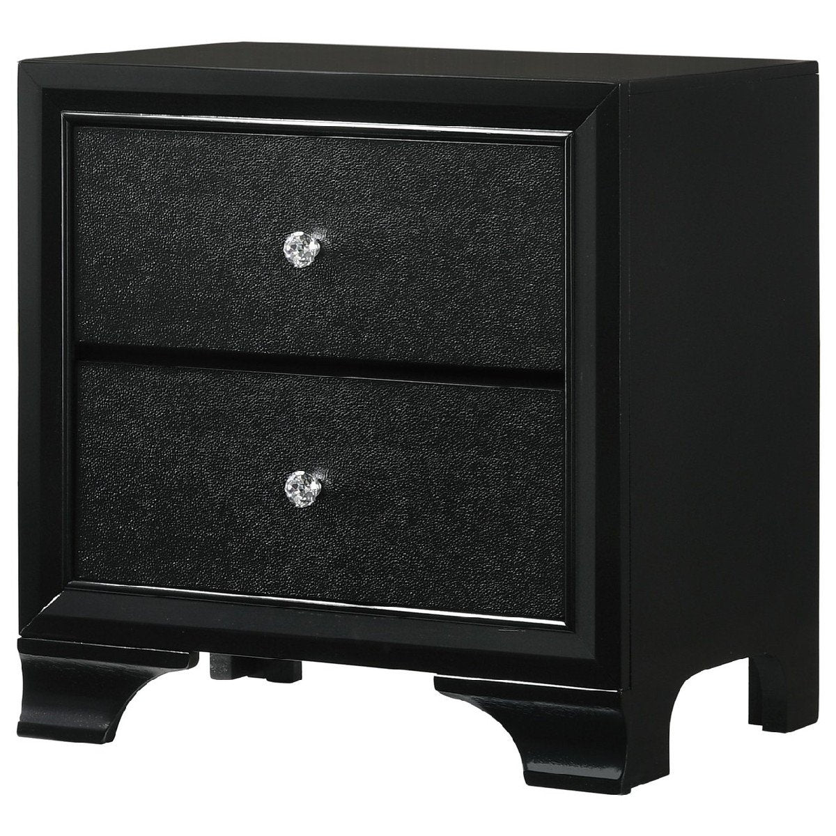 2 Drawer Wooden Nightstand with Textured Details and Crystal Pulls, Black - BM215425