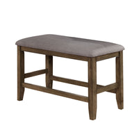 Counter Height Wooden Bench with Fabric Upholstered Seat, Brown and Gray - BM215456