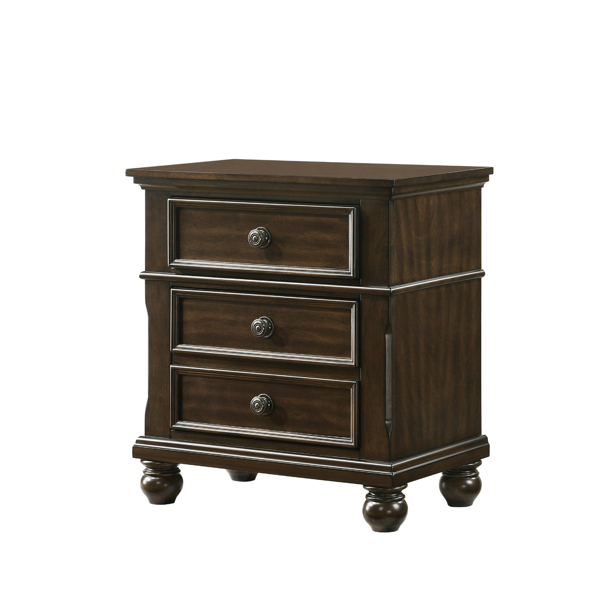 3 Drawer Wooden Nightstand with Molded Details and Metal Knobs, Brown - BM215468