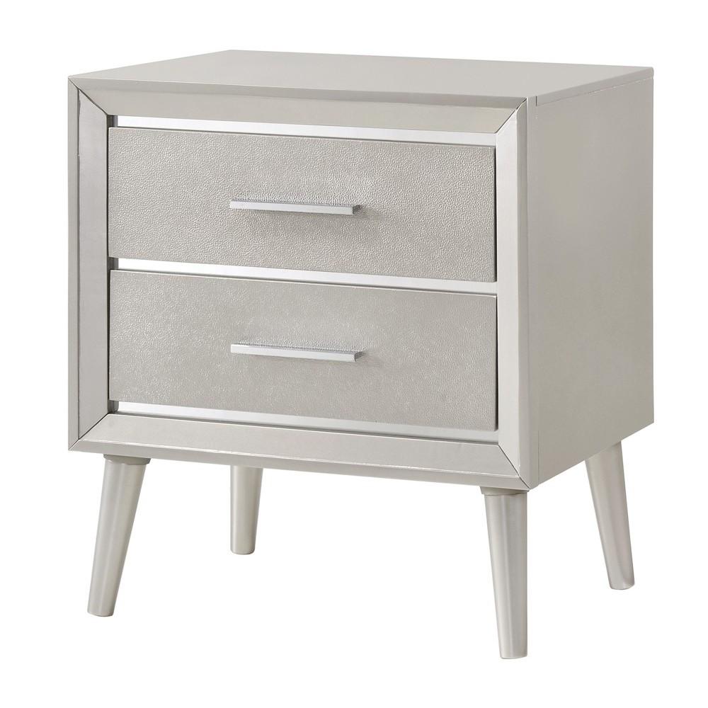 2 Drawer Contemporary Nightstand with Bar Handles and Splayed Legs, Silver - BM215526