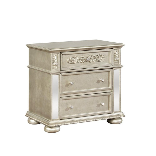 3 Drawers Nightstand with Ornate Carving and USB Ports, Silver - BM215813