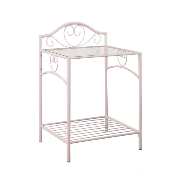 Metal Nightstand with Glass Top and Open Bottom Shelf, Pink and Clear - BM215931