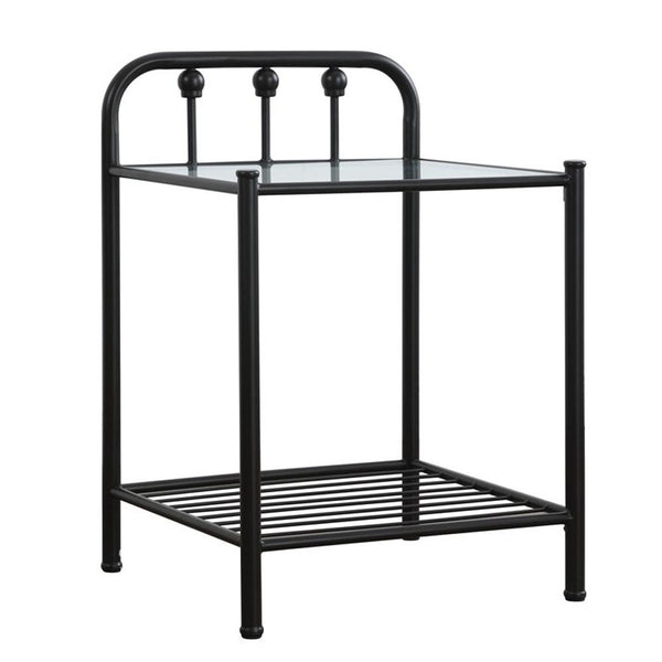 Metal Nightstand with Glass Top and Slated Open Bottom Shelf, Black - BM216073