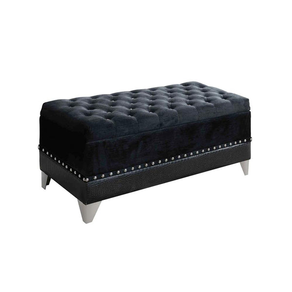 Leatherette Storage Bench with Nailhead Trims and Button Tufted Seat, Black - BM216194