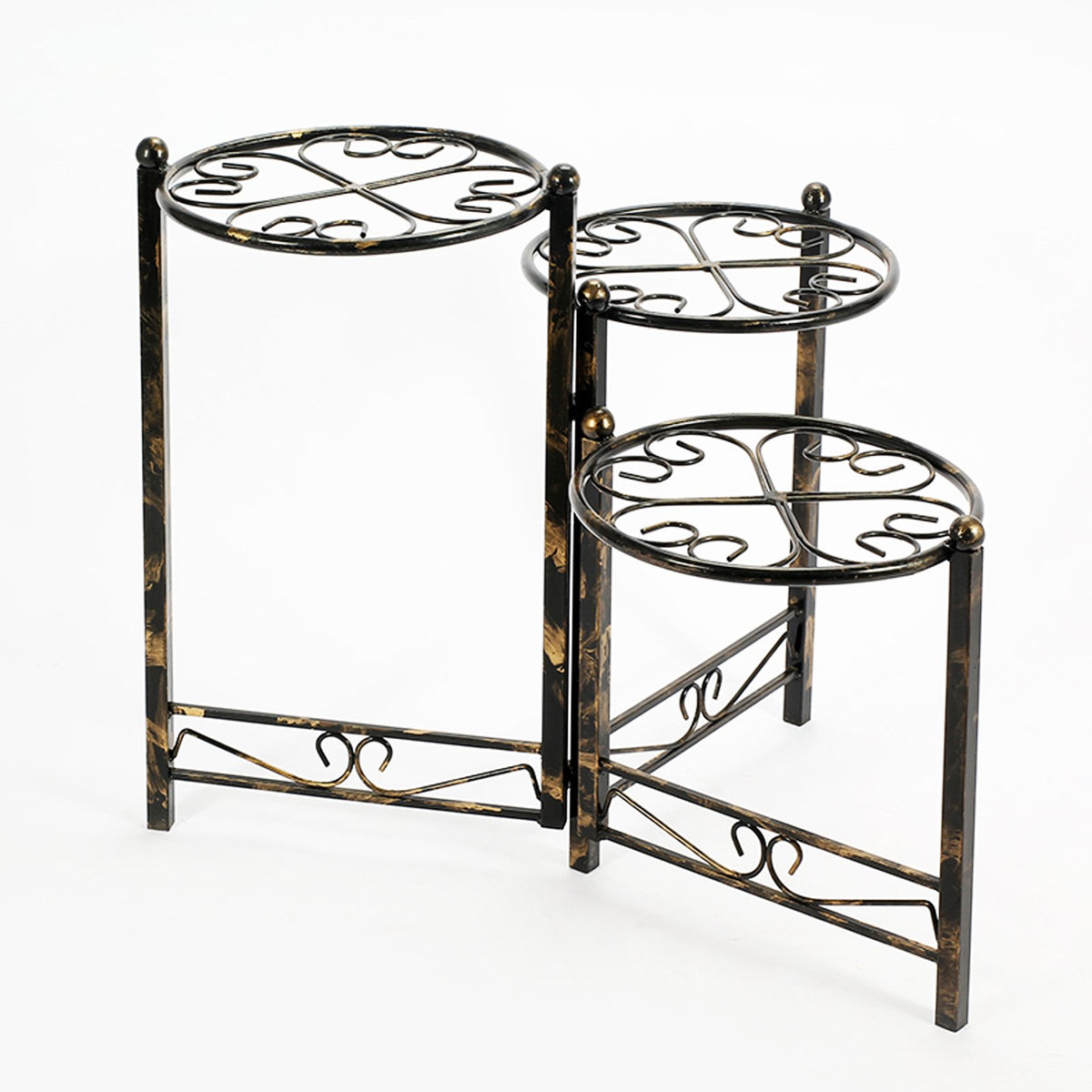 3 Tier Heart Clover Design Round Top Metal Plant Stand, Black - BM216727