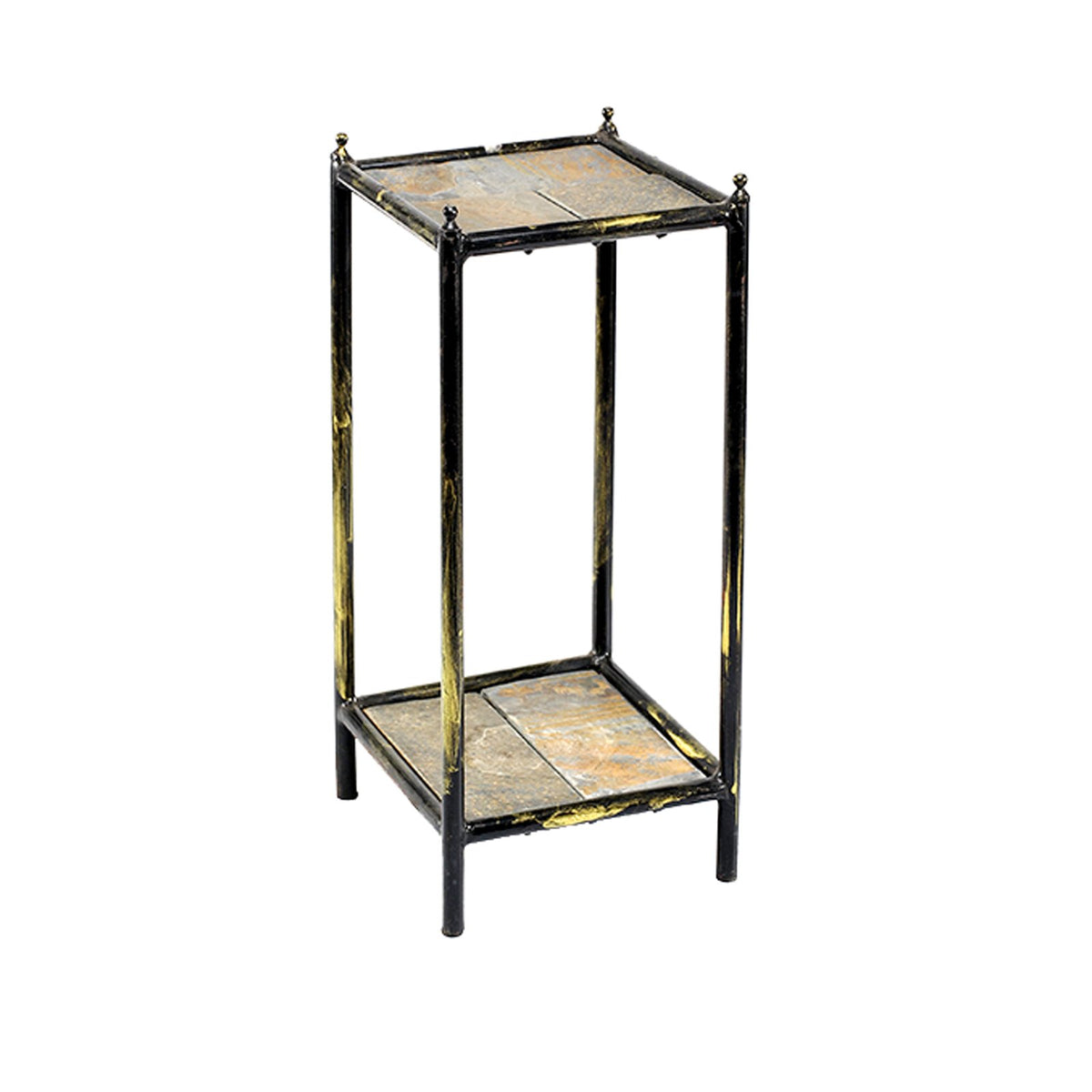 2 Tier Square Stone Top Plant Stand with Metal Frame, Small, Black and Gray - BM216732