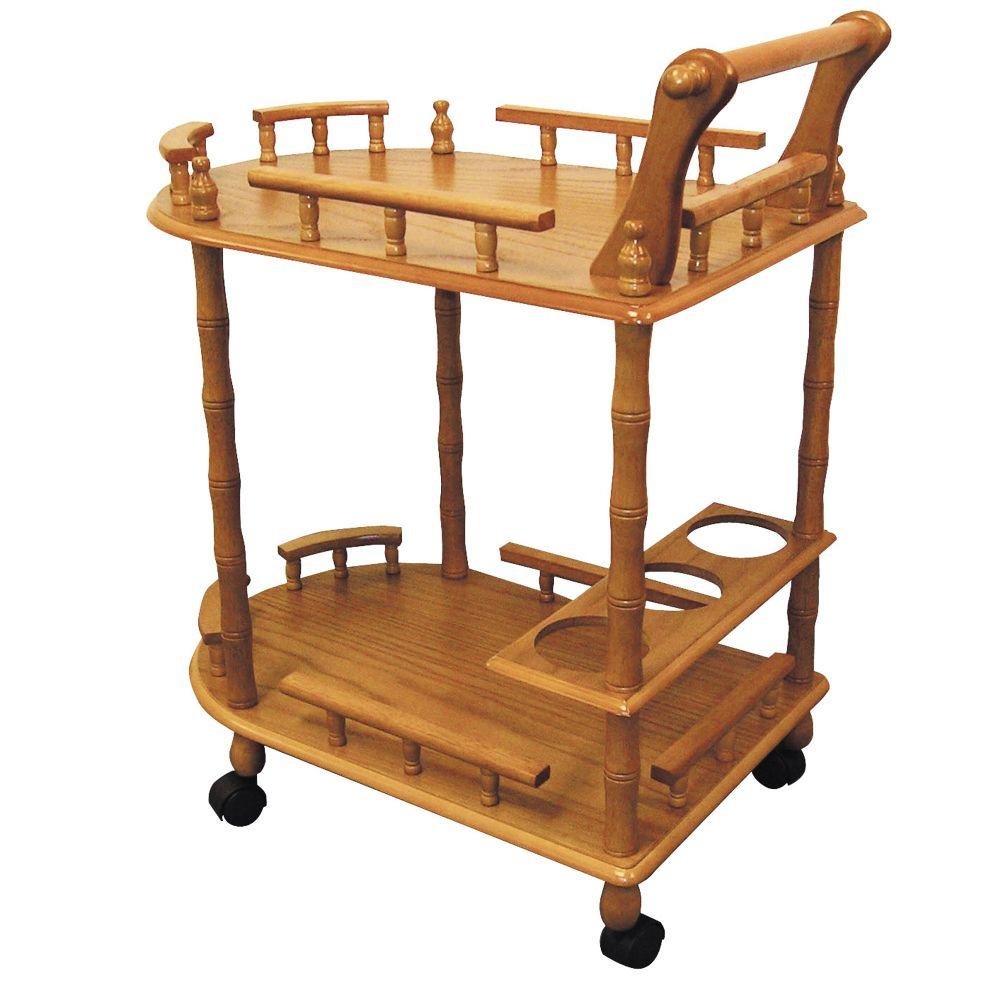 benzara Casters Supported 2 Tier Wooden Wine Table with Turned legs Oak Brown - BM216807