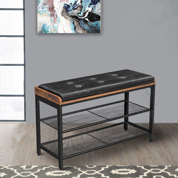 Button Tufted Leatherette Shoe Bench with 2 Mesh Shelves, Brown and Black - BM217075