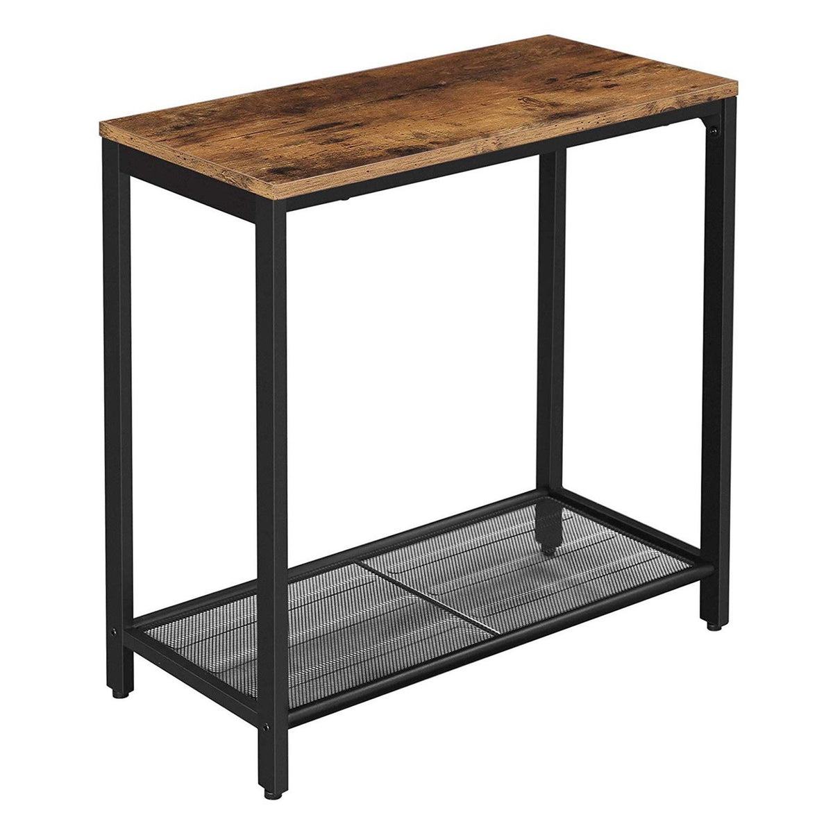 Industrial Wood and Metal Side Table with Open Mesh Shelf, Brown and Black - BM217085