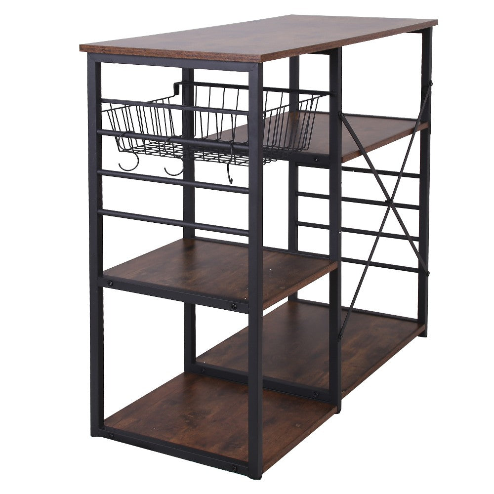 35 4 Shelf Bakers Rack with Wire Basket Brown and Black BM217095