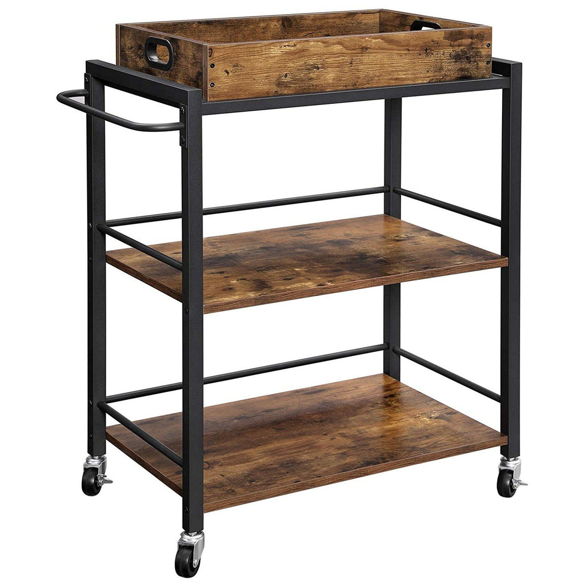 Tray Top Wooden Kitchen Cart with 2 Shelves and Casters, Brown and Black - BM217112