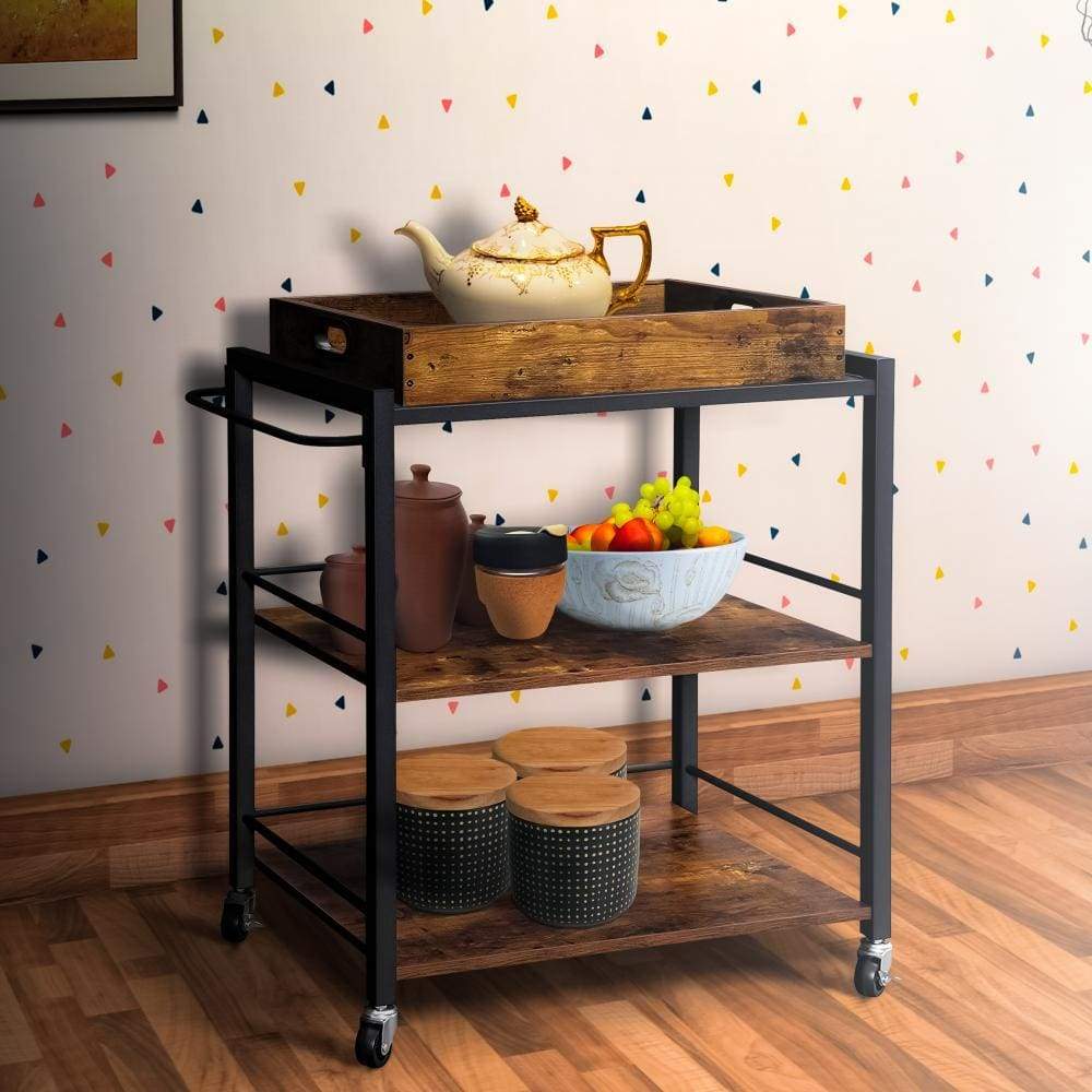 25" Tray Top Kitchen Cart with 2 Shelves and Casters Brown and Black - BM217112