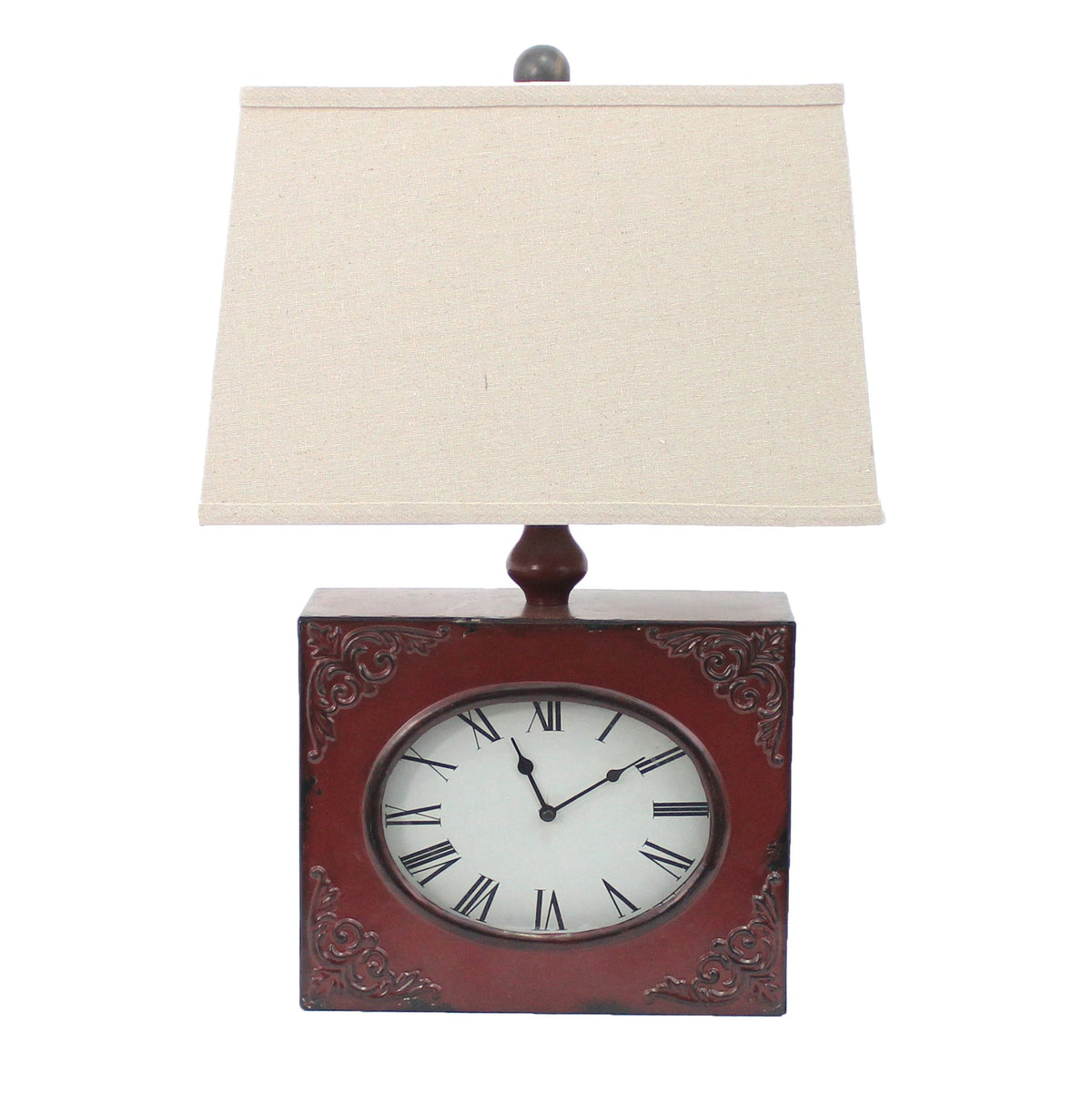 Clock Design Metal Table Lamp with Tapered Shade, Red and Beige - BM217249