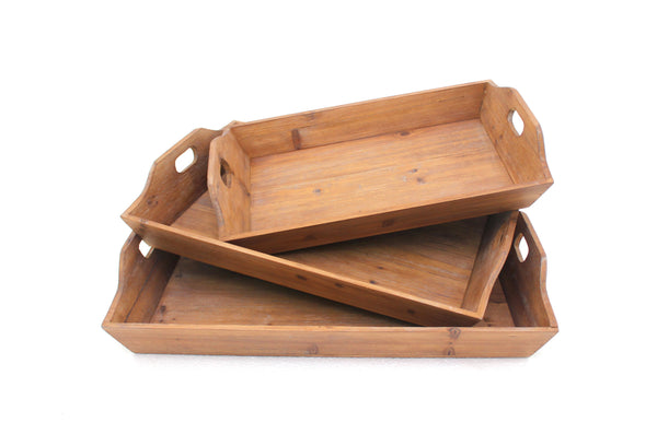 Rectangular Wooden Serving Tray with Cut Out Handles, Set of 3, Brown - BM217292
