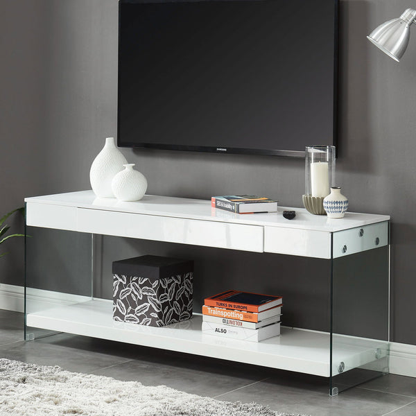 Contemporary Style Plastic TV Stand with Glass Side Panels, White - BM217503