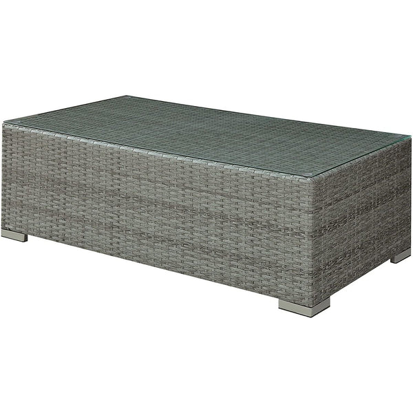 Woven Wicker Rectangular Coffee Table with Tempered Glass Tabletop, Gray - BM217711