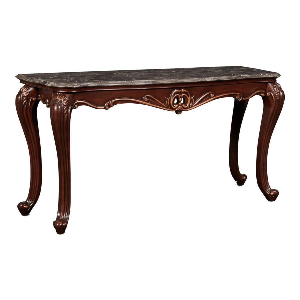Wooden Console Table with Marble Top and Carved Details, Gray and Brown - BM218025