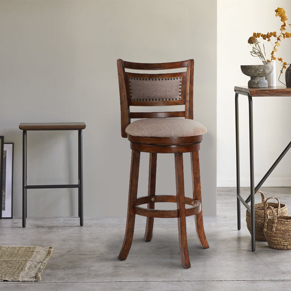 Curved Swivel Barstool with Fabric Padded Seating, Brown and Beige - BM218131