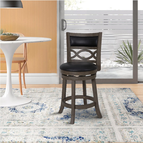 Curved Lattice Back Counter Stool with Leatherette Seat, Gray and Black - BM218143