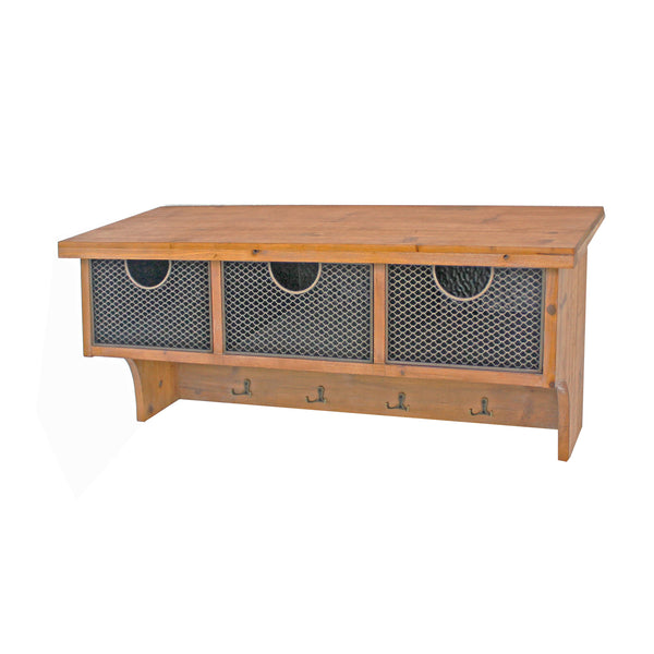 Wooden Wall Shelf with 4 Hooks and 3 Wire Baskets, Brown - BM218344