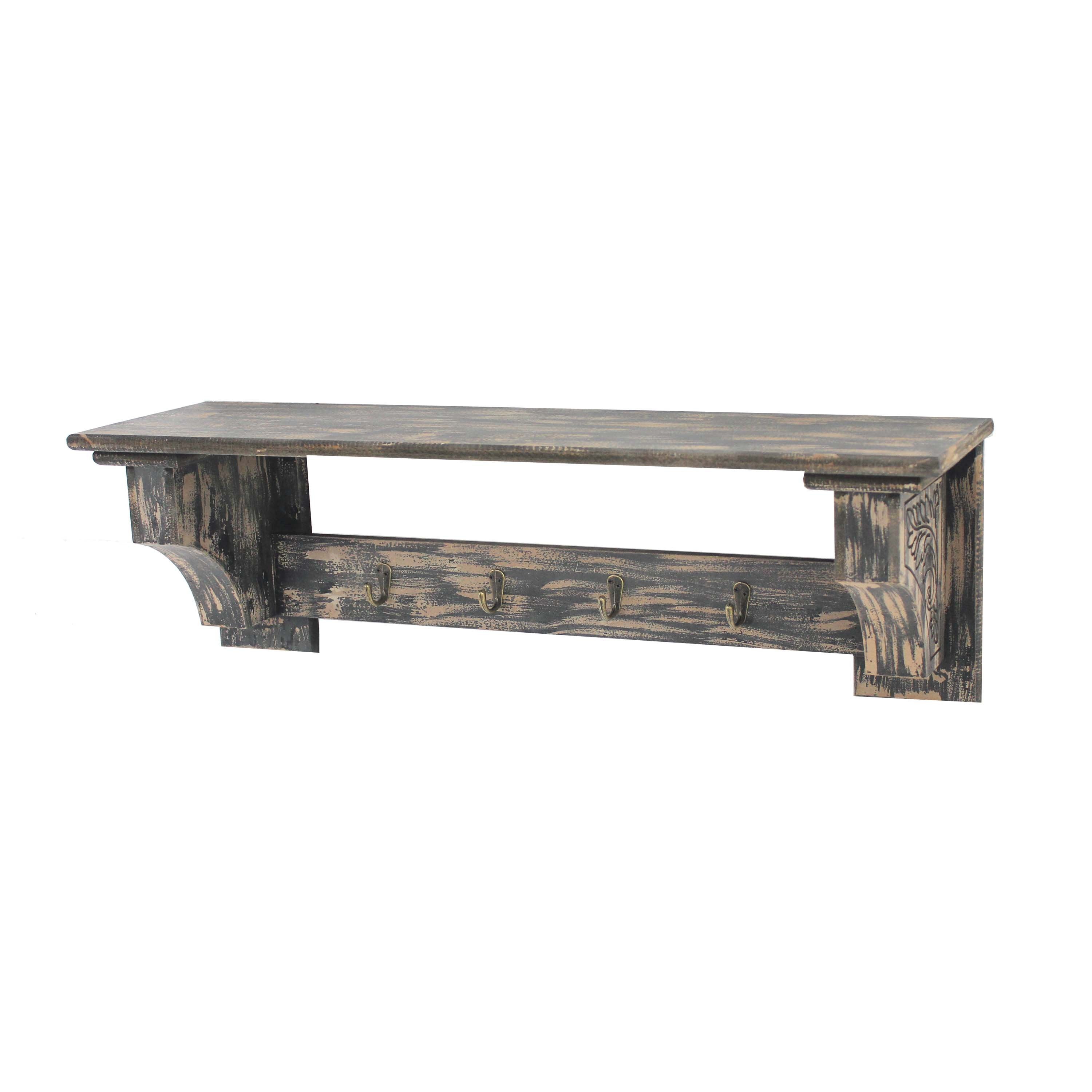 benzara Wooden Wall Shelf with 4 Hooks and Carved Side Frames Distressed Black - BM218360
