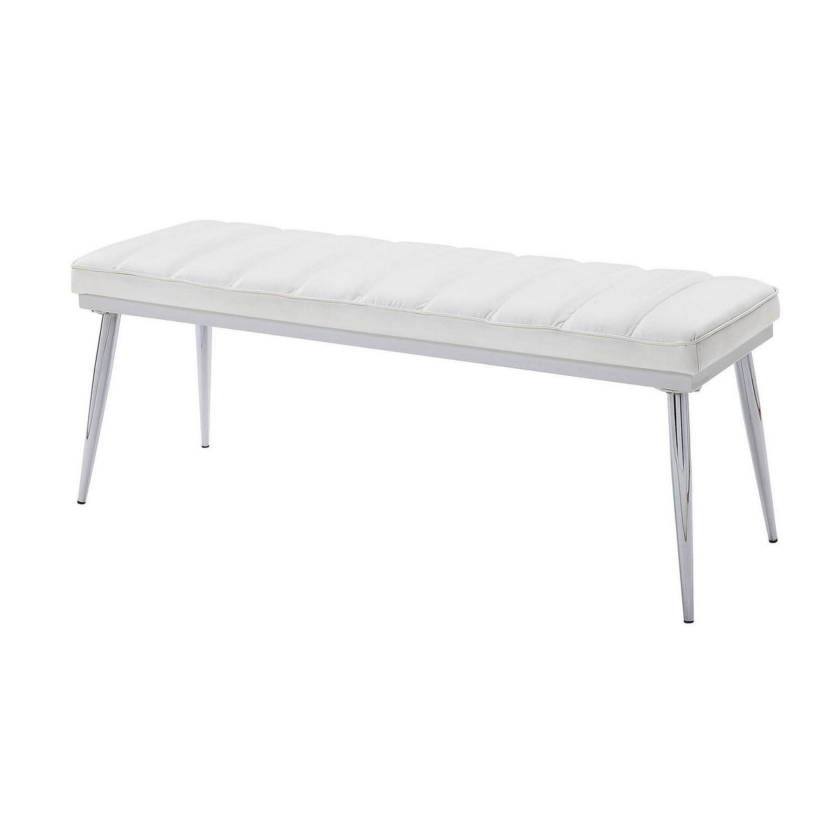 Metal and Faux Leather Bench with Vertical Chanel Tufts, White and Chrome - BM218613
