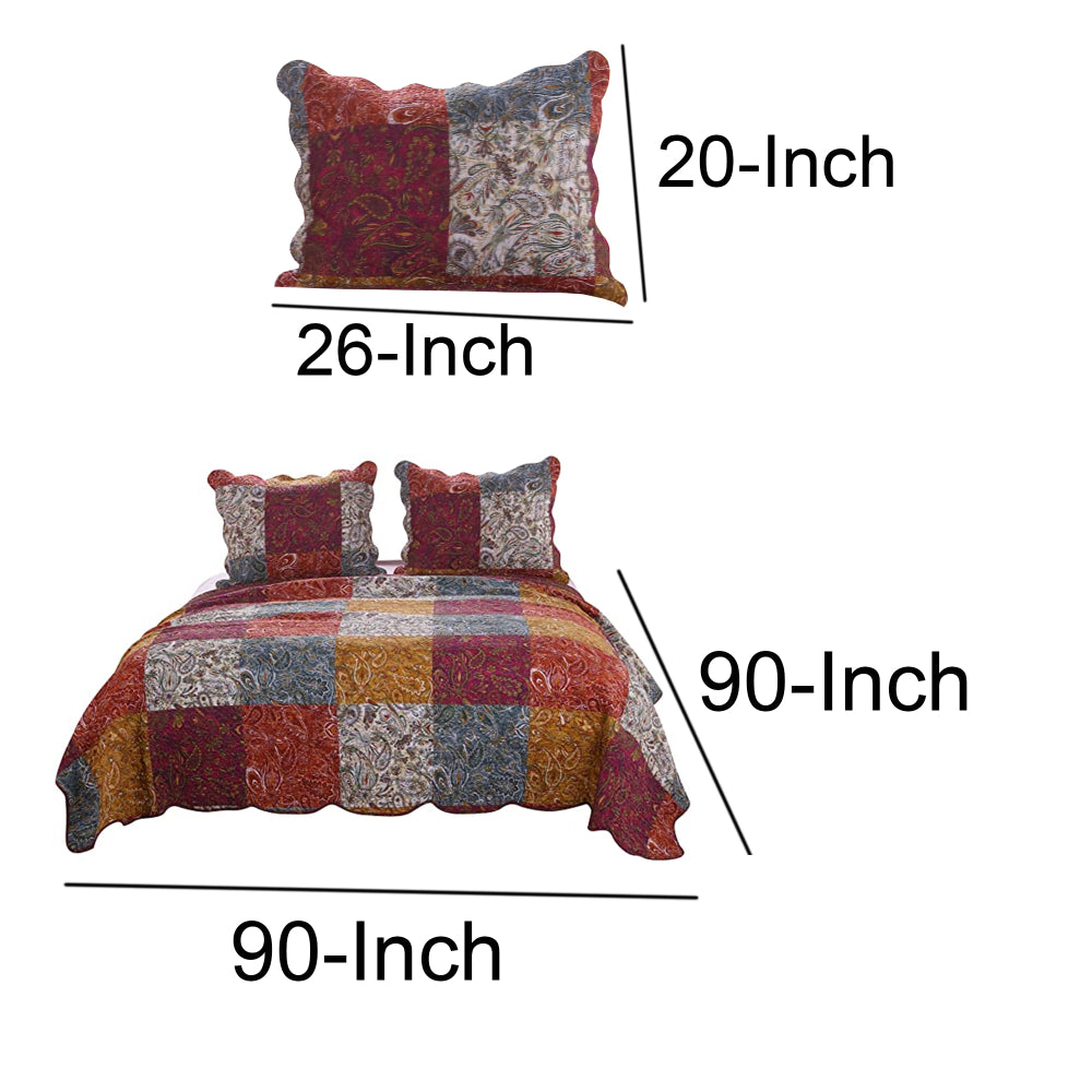 3 Piece Full Size Quilt Set, Soft Cotton, Paisley Print, Multicolor - BM218832