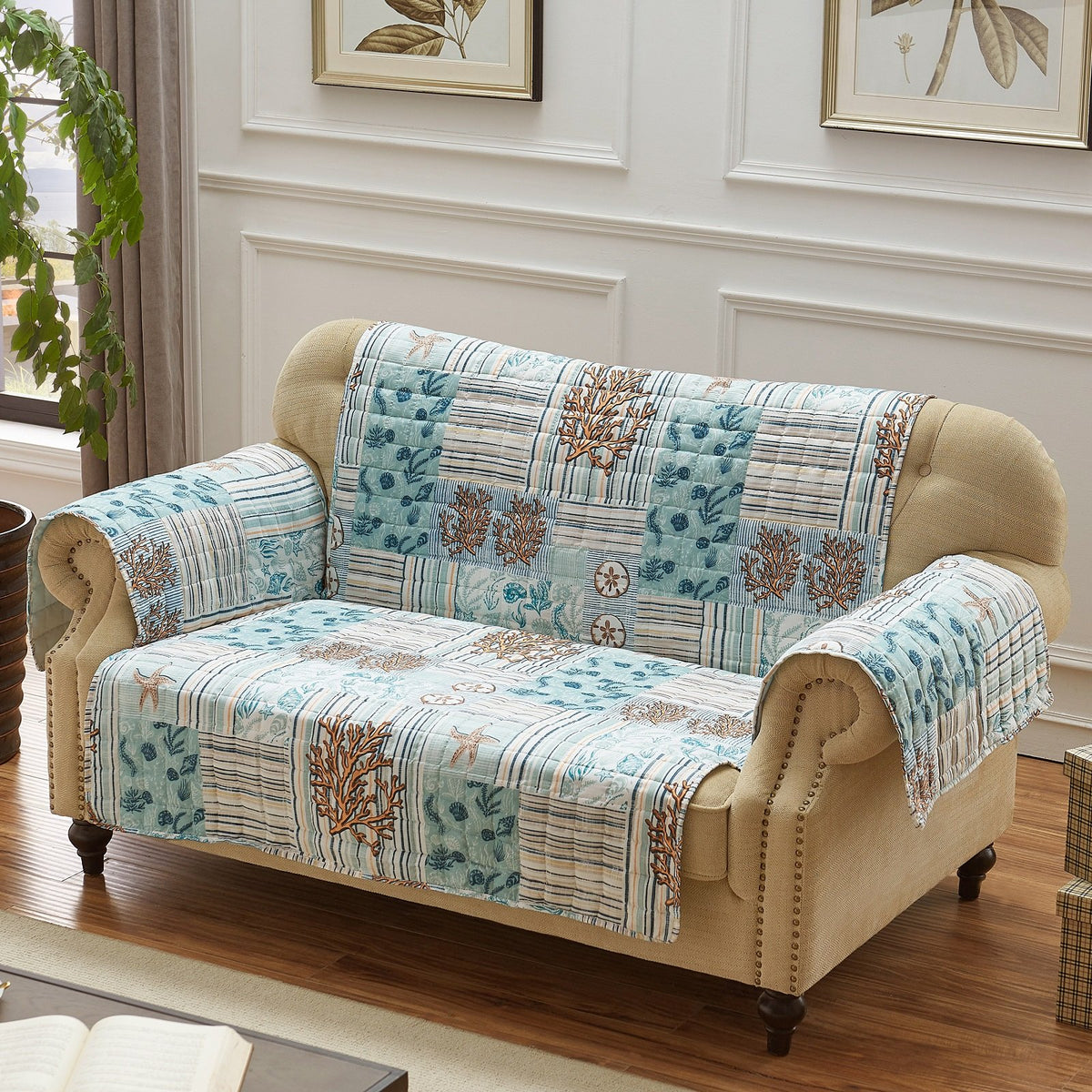 Reversible Loveseat Protector, Polyester, Coral Print, Elastic Strap, Blue - BM218854