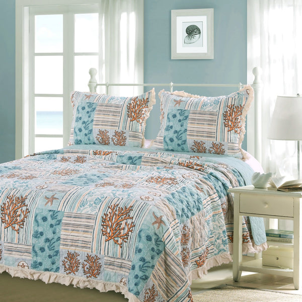 Microfiber Wrapped Sea Life Print Twin Size Quilt Set, Blue and Brown - BM218856