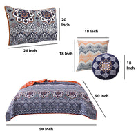 Damask Print Queen Quilt Set with Embroidered Pillows, Blue and Orange - BM218882