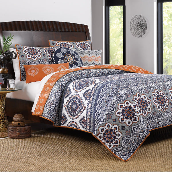 Benjara Damask Print Queen Quilt Set with Embroidered Pillows, Blue and ...