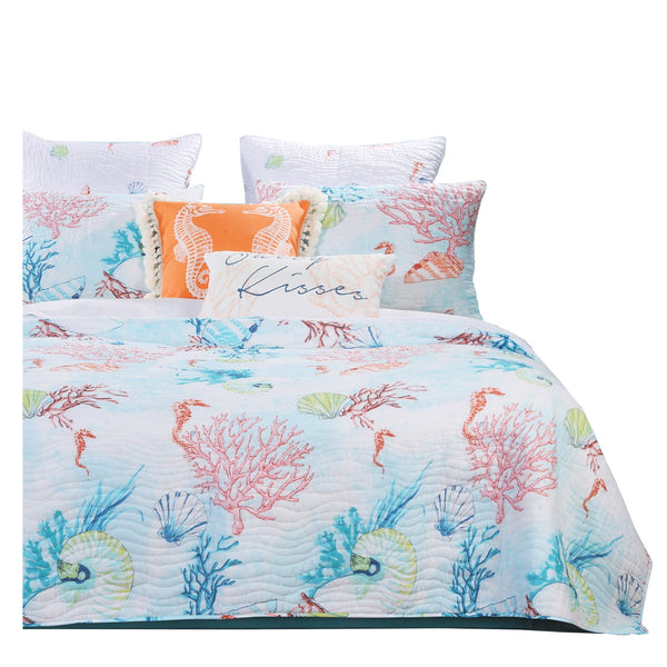 King Size 3 Piece Polyester Quilt Set with Coral Prints, Multicolor - BM218931